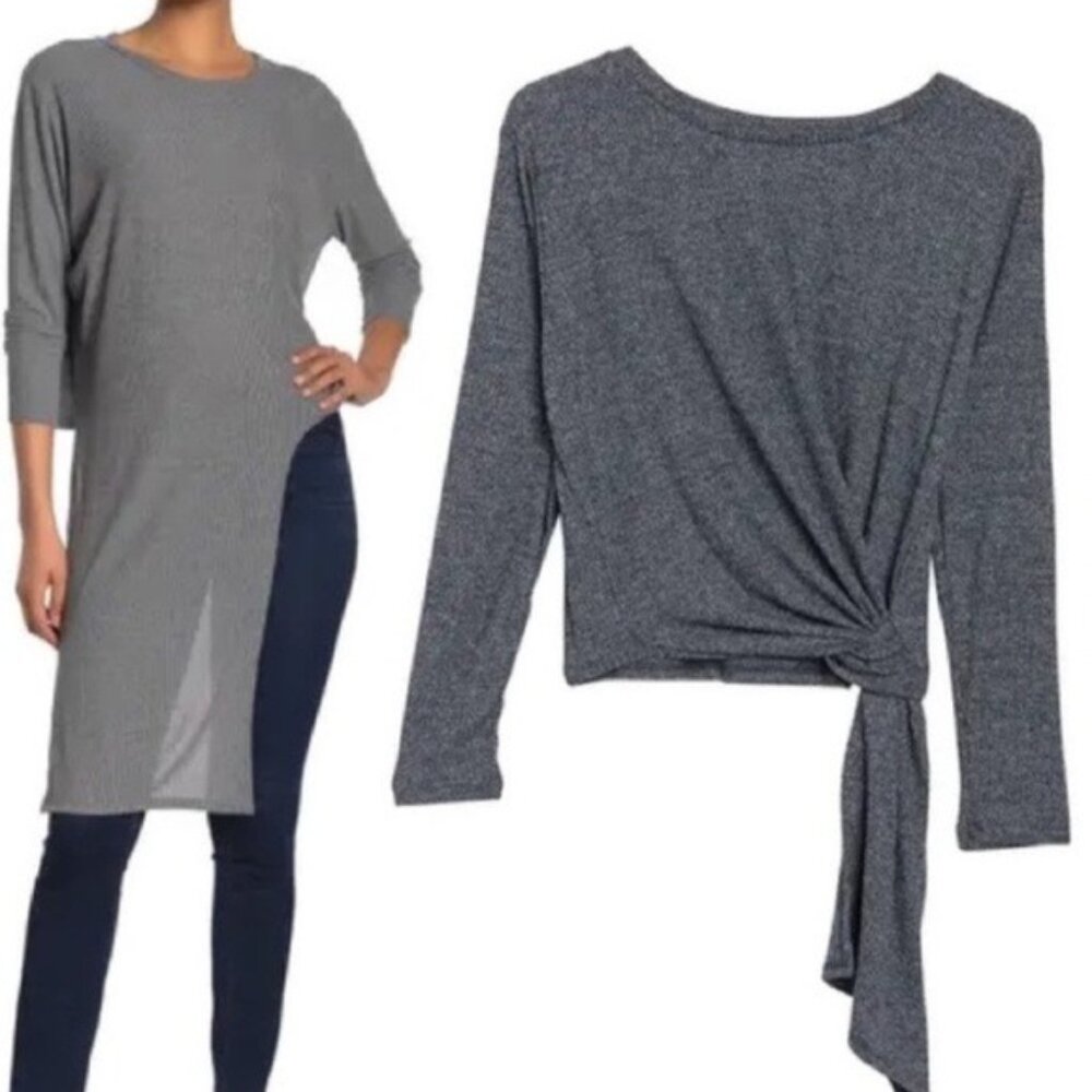 ASTR The Label Gray Ribbed Tie Front Long Sleeve Sweater Top Women’s Medium